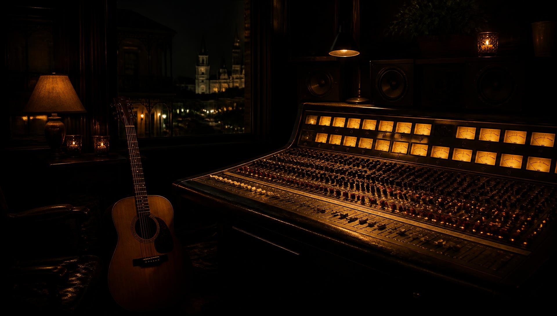 Dark New Orleans studio at night with an amber-lit analog mixing console and an acoustic guitar